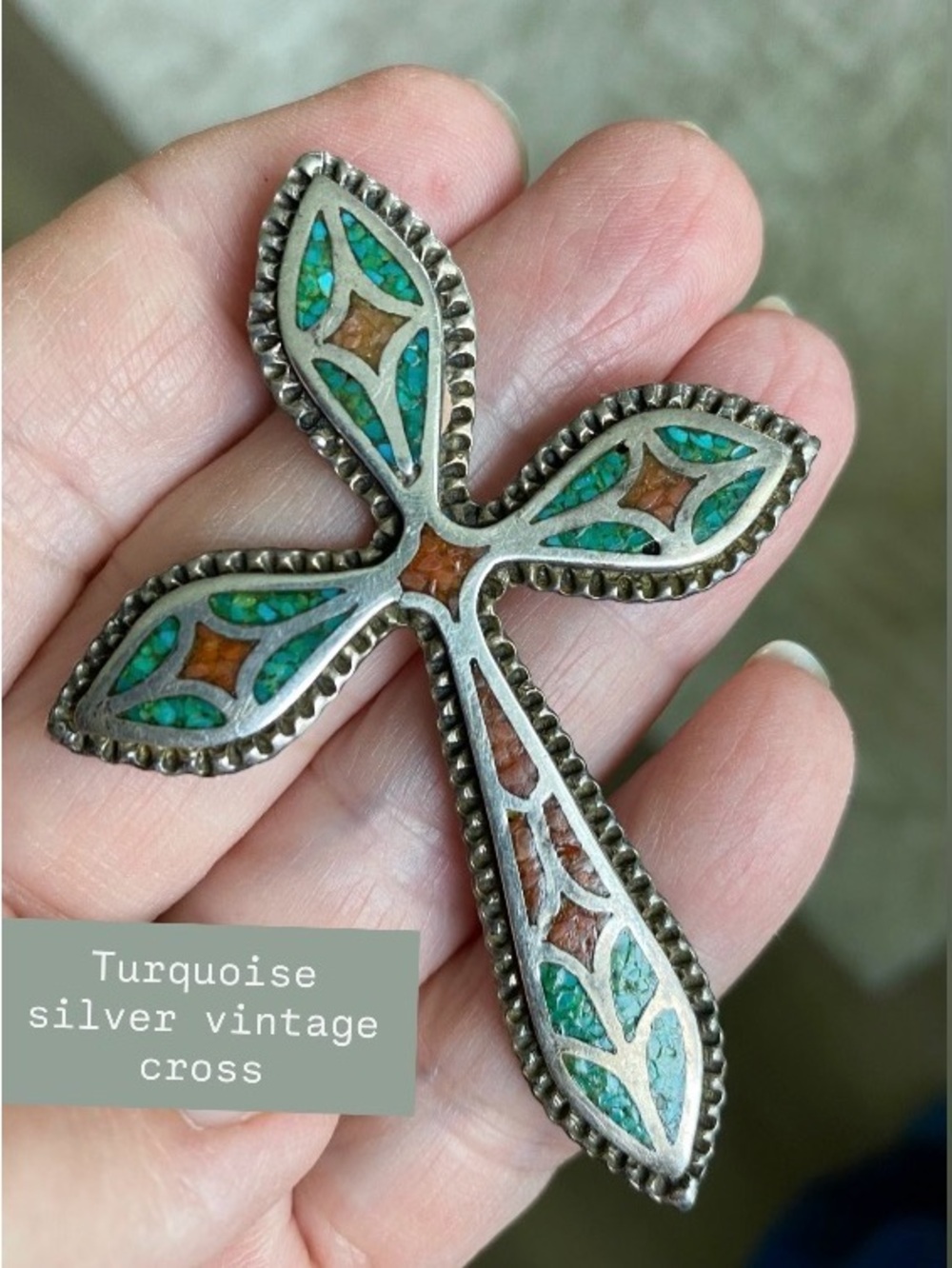Turquoise Inlay vintage Silver Cross Pendant - Picture 1 of 10